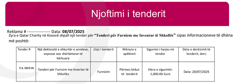 Njoftim për Tender "Furnizm me Inventar të Shkollës"